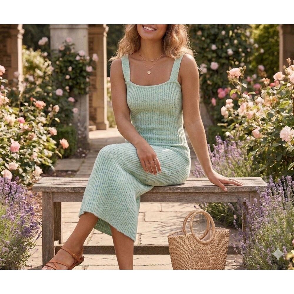 Mint Green Metallic Ribbed Knit Midi Dress Size S